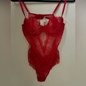 Victoria’s Secret Sexy Red Lace Sheer Bodysuit - Women's Intimates Size L